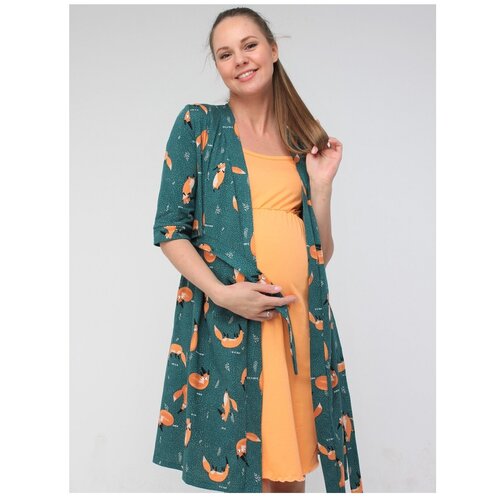 фото Комплект для беременных и кормящих, зеленый с оранжевым, ( халат и сорочка) "лисички". 48 mama jane