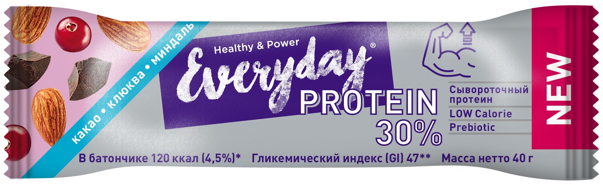 Протеиновый батончик EVERYDAY 30% PROTEIN какао-миндаль-клюква, п/п 40г