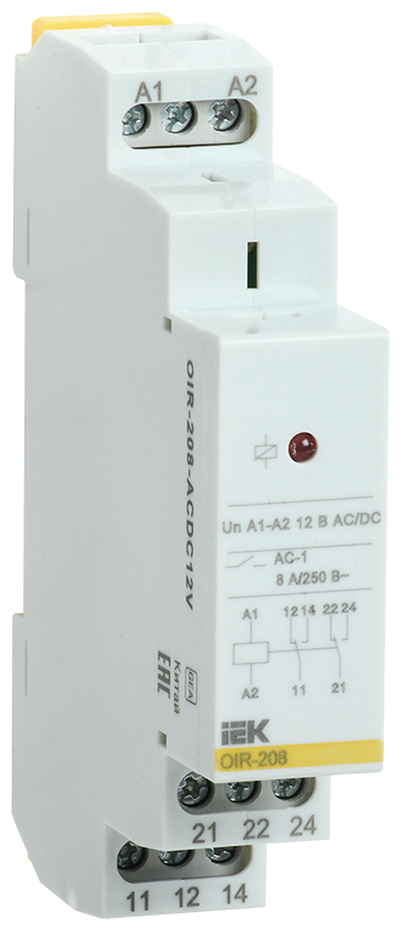 Промежуточное реле IEK OIR 2 контакта 8А 12В, AC/DC OIR-208-ACDC12V