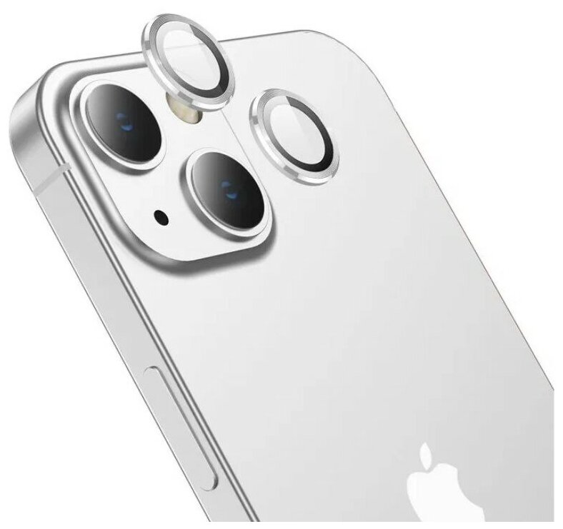 Защитное стекло на камеру для iphone 14 (6.1)/14 Plus (6.7) HOCO V12 Plus 3D прозрачное с металлической серебристой окантовкой линзы