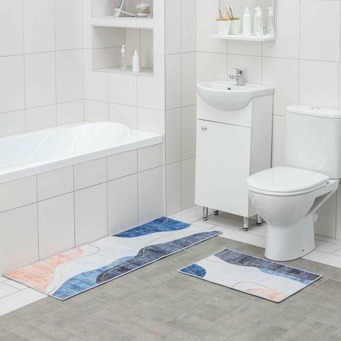 Набор ковриков для ванной и туалета Доляна «Образ» 2 шт: 45?120 см 40?60 см цвет сине-серый