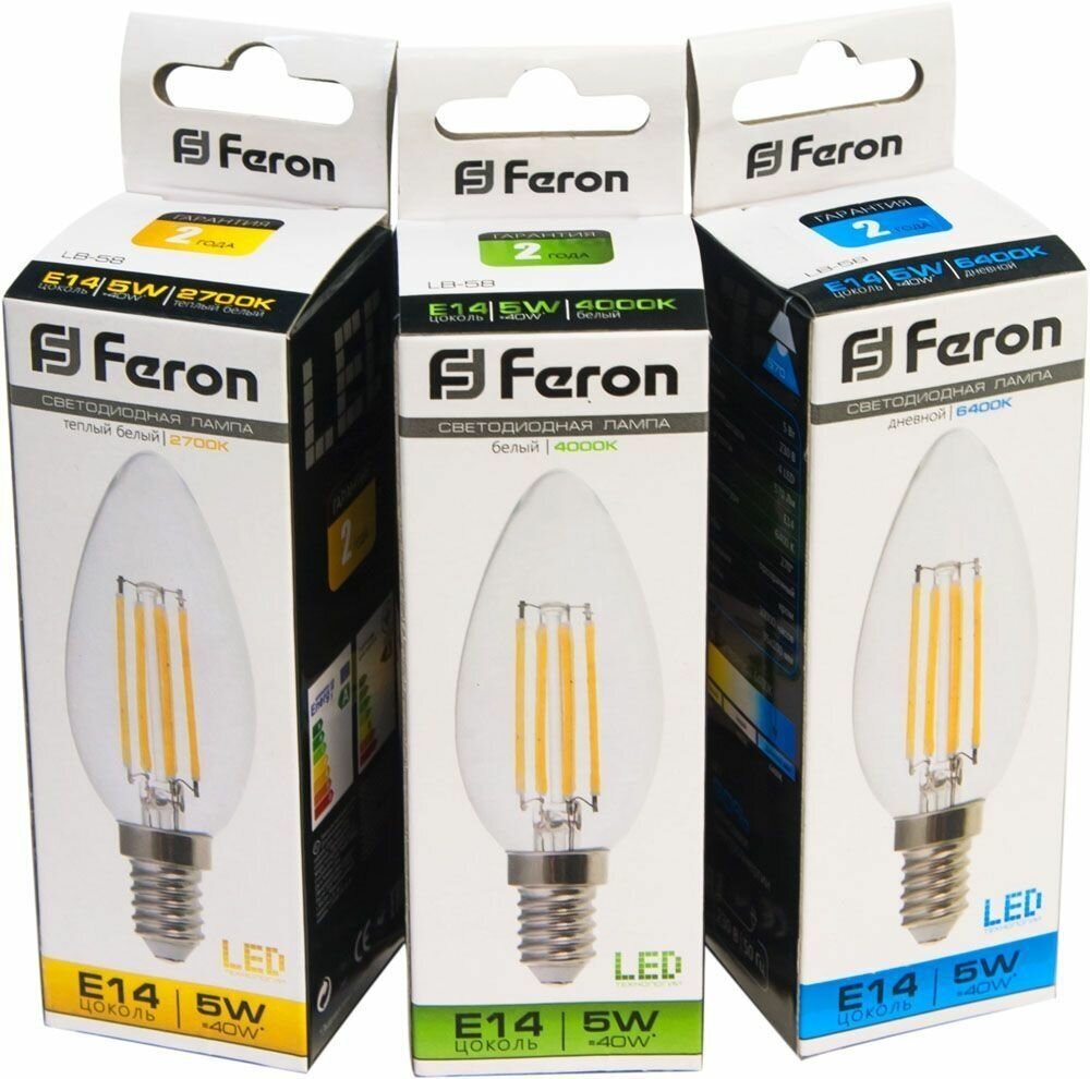 Лампа светодиодная LED 5вт Е14 теплый свеча FILAMENT | код. 25572 | FERON ( 1шт. )