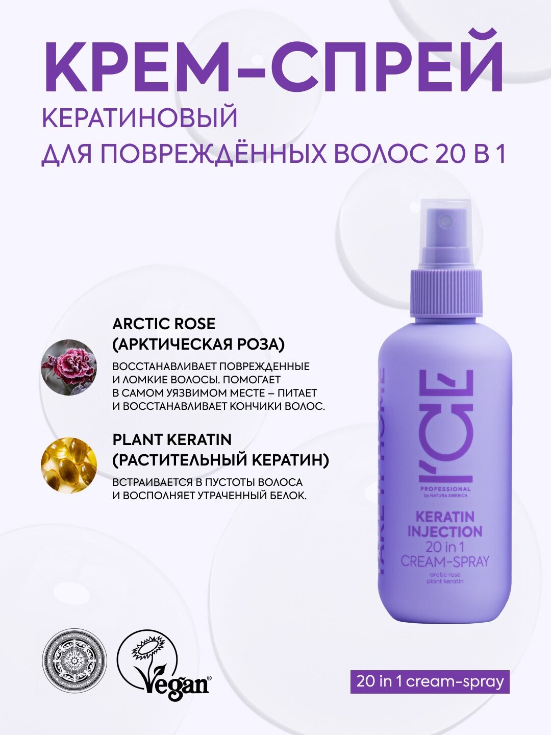 Кератиновый спрей для поврежденных волос 20 в 1 Keratin Injection ICE Professional by Natura Siberica, Take It Home, 200 мл