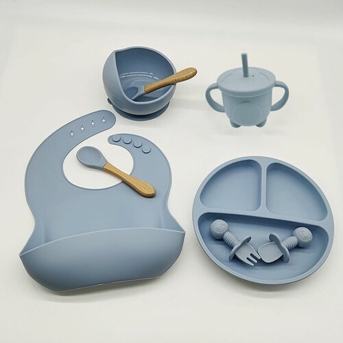 (Голубой) Детский силиконовый набор посуды для кормления малыша 9 предметов детская бамбуковая чаша для кормления ложка вилка рисунок лисы посуда для еды детская деревянная тренировочная тарелка съемная силикон