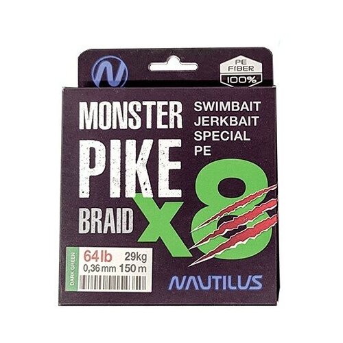 Шнур Nautilus Monster Pike Braid X8 Dark Green d-0.38 34.3кг 76lb 150м