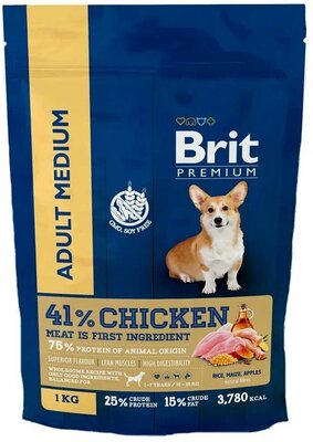 Сухой корм Brit для собак средних пород 10-25кг курица premium dog adult medium 1кг 5049943