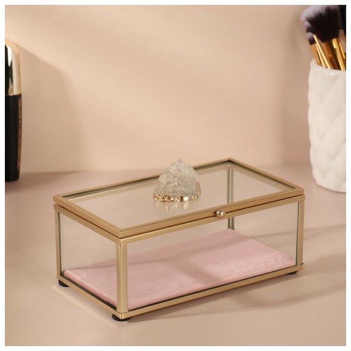 Queen fair Органайзер для хранения «Кристалл», с крышкой, стеклянный, 1 секция, 14,5 × 9 × 8 см, цвет прозрачный/медный/розовый