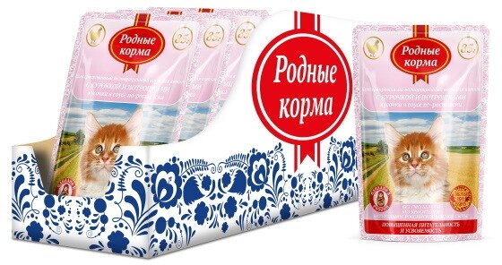 Родные корма полнорационный влажный корм для котят, с курочкой и потрошками по-ростовски, кусочки в соусе, в паучах - 85 г х 32 шт