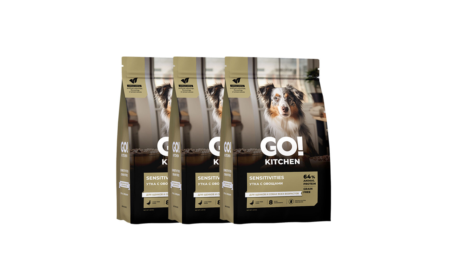 GO! KITCHEN Полнорационный беззерновой сухой корм для щенков и собак всех возрастов с уткой для чувствительного пищеварения, 1,59 кг х 3 шт.