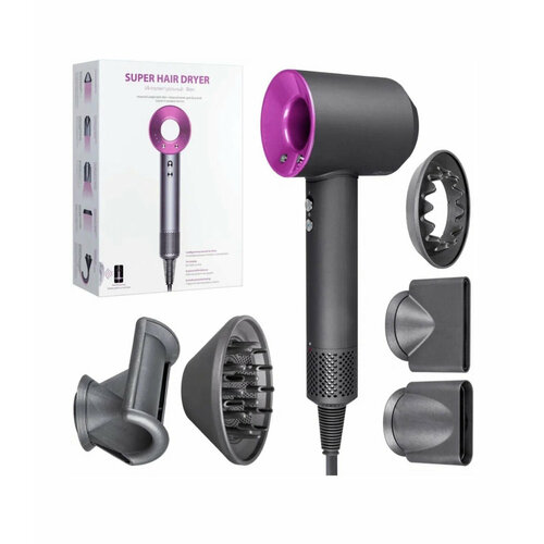 Профессиональный фен для волос Super Hair Dryer 2200 Вт, 3 режима, 5 магнитных насадок, ионизация воздуха , розовый
