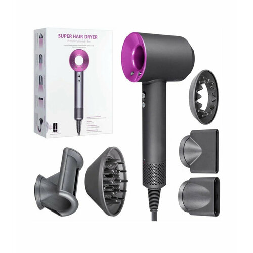 Профессиональный фен для волос Super Hair Dryer 2200 Вт 3 режима 5 магнитных насадок ионизация воздуха розовый 3099₽