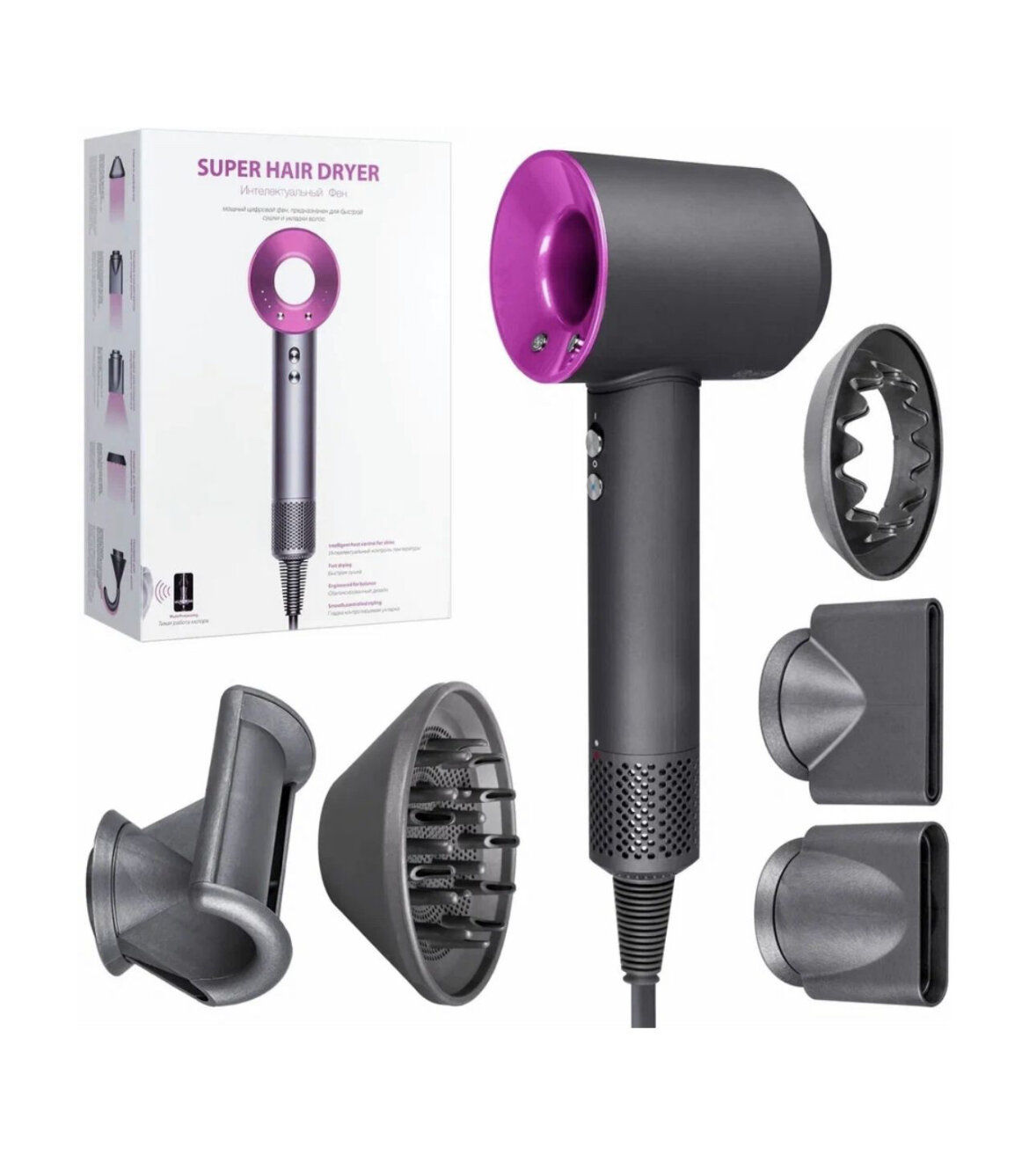 Профессиональный фен для волос Super Hair Dryer 2200 Вт, 3 режима, 5 магнитных насадок, ионизация воздуха , розовый