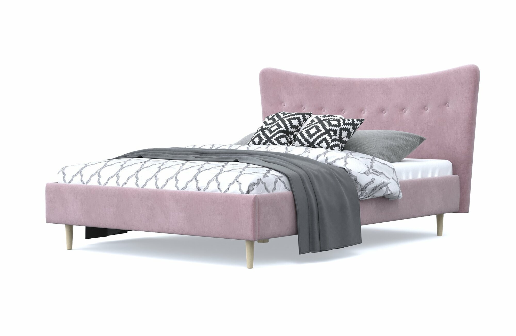 Двуспальная кровать финна 140х200, с мягким изголовьем, розовый, шенилл, массив дерева, на ножках