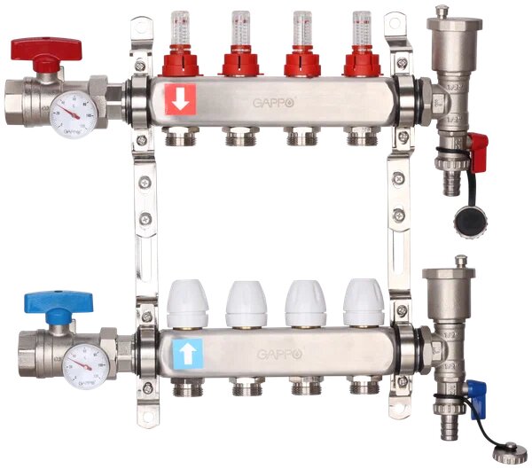 Коллектор регулируемый с расходомерами, из нерж. стали, 4-вых. x1"x3/4" Gappo (G422.4)