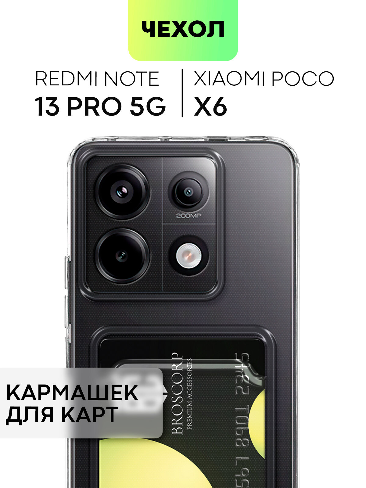 Чехол с кармашком на Poco X6 и Redmi Note 13 Pro 5G (Поко Х6, Редми Ноут 13 Про 5Г) силиконовый чехол, защита камер, для карты, картхолдер, прозрачный