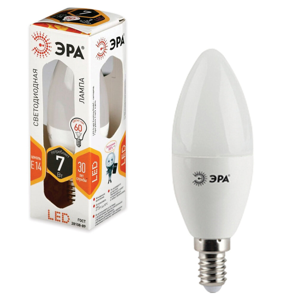 Лампа светодиодная ЭРА, 7 (60) Вт, цоколь E14, "свеча", теплый белый свет, 30000 ч, LED smdB35-7w-827-E14 упаковка 10 шт.