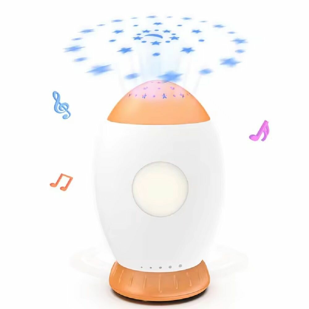 Игрушка детский ночник для сна Ракета 13 см с белым шумом, проектор звездного неба, 5 успокаивающих звуков, на батарейках, К01