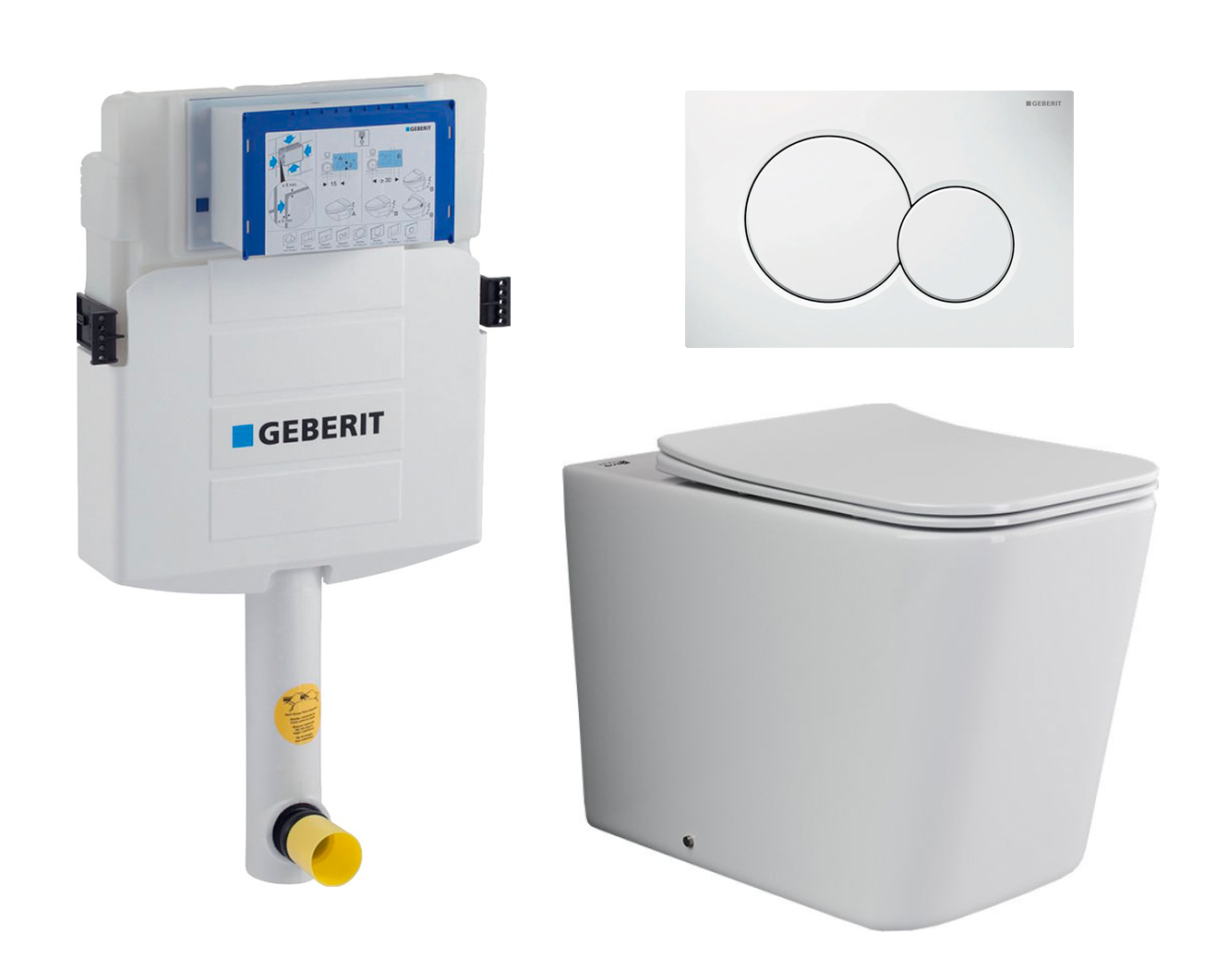 Комплект 3 в 1 смывной бачок скрытого монтажа Geberit Duofix UP320 + Унитаз приставной Ceramica Nova Cubic Rimless CN1809 + Кнопка Geberit Sigma 01 белая