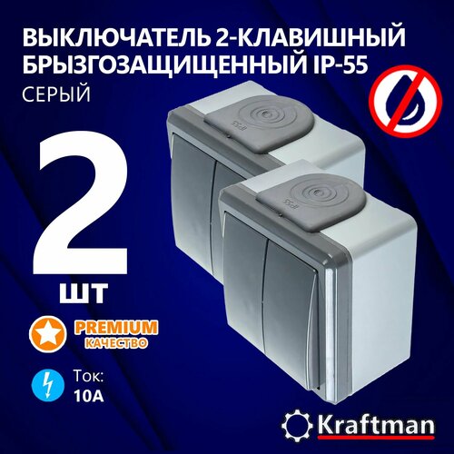 Выключатель двухклавишный, уличный, влагозащищенный, открытой установки, 10А, IP55, серия ПР, 2 шт