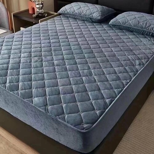 180х200 Наматрасник + наволочки велюровый стёганый с бортами на резинке по кругу тёмно-серый с наволочками / микровелюр