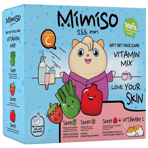 MIMISO Подарочный набор VITAMIX BOX Гоммаж для лица земляника + Пенка сельдерей и алое + Маска для лица гранат