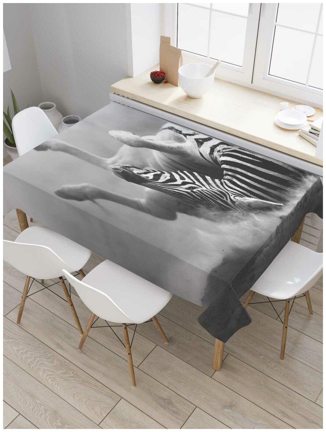 Скатерть прямоугольная JoyArty на кухонный стол "Зебра развлекается" из оксфорда, 120x145 см