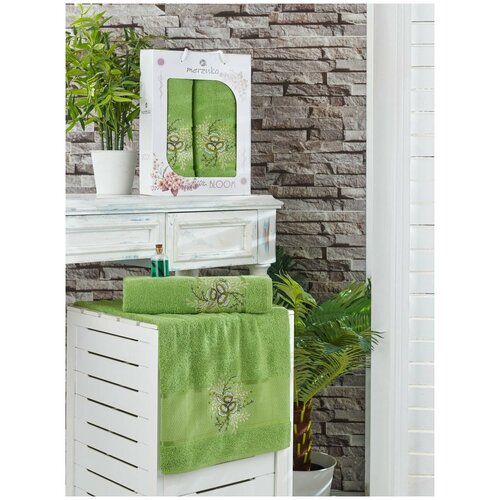 фото Подарочный набор полотенец для ванной 50х90, 70х140 merzuka bloom хлопковая махра зеленый merzuka (турция)
