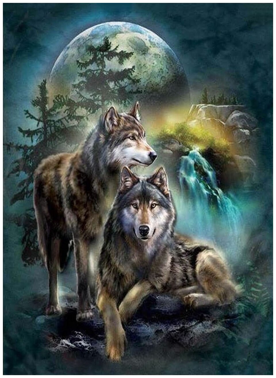 Алмазная мозаика на холсте с подрамником 9D (картина стразами) 40х50 Два волка на фоне луны и водопада