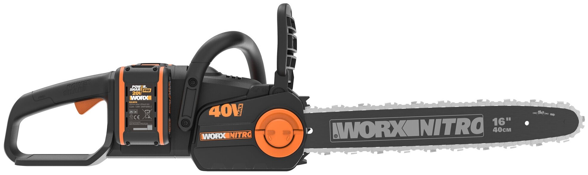 Цепная пила аккумуляторная WORX NITRO WG385E 40В c АКБ 4 А.ч. (2 шт.) и двойным ЗУ, шина 40 см