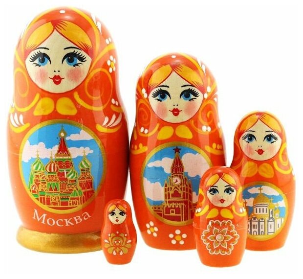 Подарки Матрешка "Москва" оранжевого цвета (5 мест, 11 см)