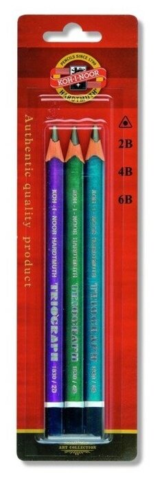 Koh-I-Noor Набор карандашей чернографитных разной твердости 3 штуки Koh-i-Noor 1835, 2B-6B, Triograph в блистере