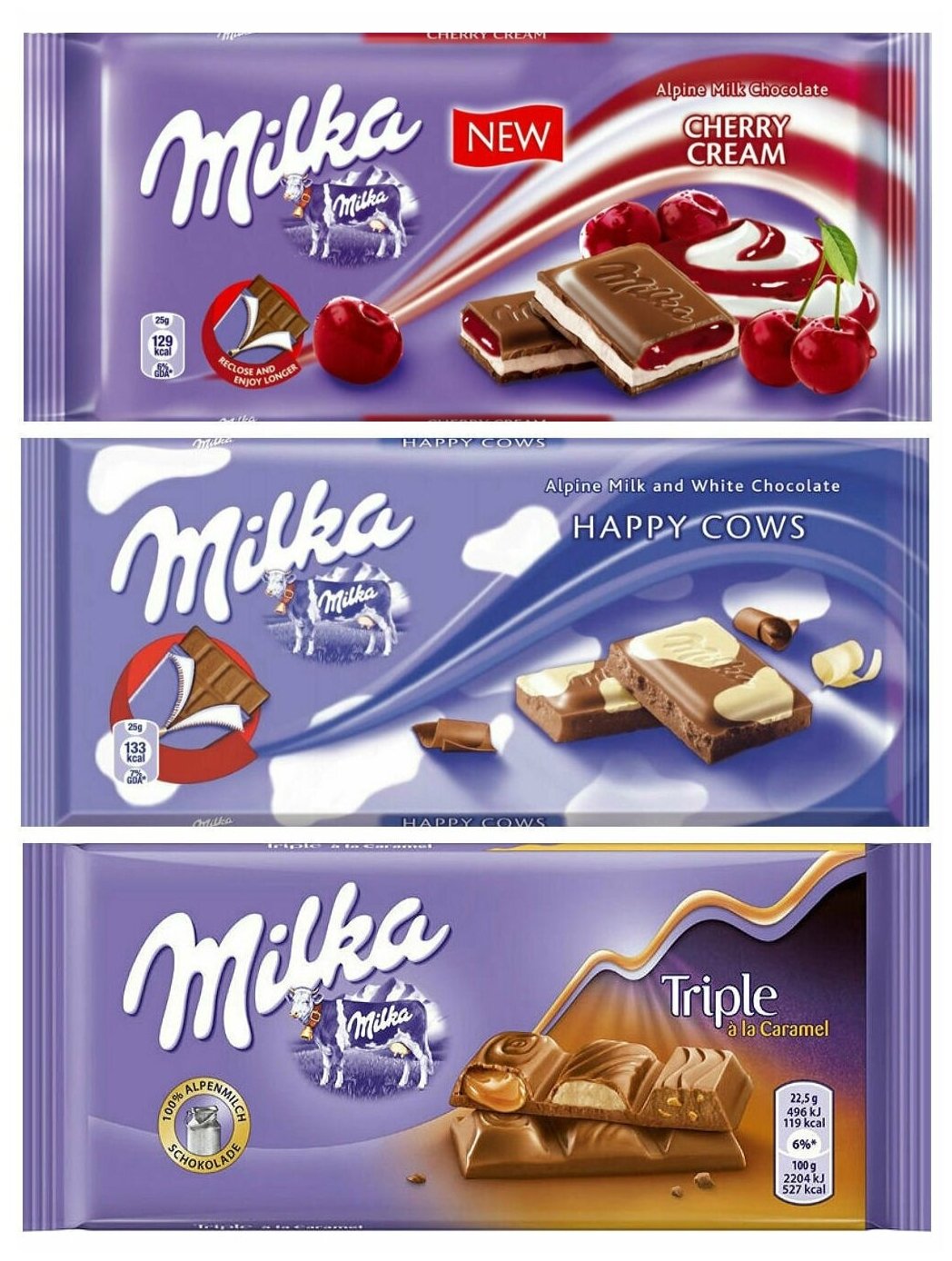 Шоколад Milka Cherry Cream + Happy Cow + Triple Caramel (3 шт) - фотография № 1