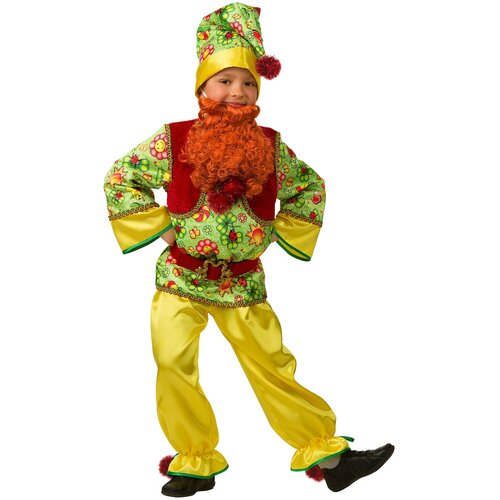фото Костюм гномик сказочный детский (рубаха с жилетом и животиком, брюки, колпак, пояс, борода), 34 (128 см) батик