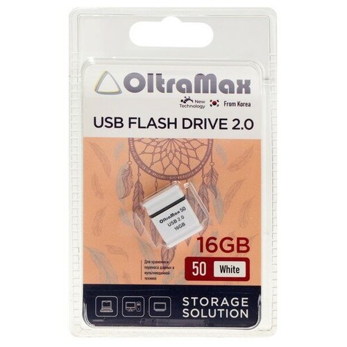 Флешка OltraMax 50, 16 Гб, USB2.0, чт до 15 Мб/с, зап до 8 Мб/с, белая 9441542