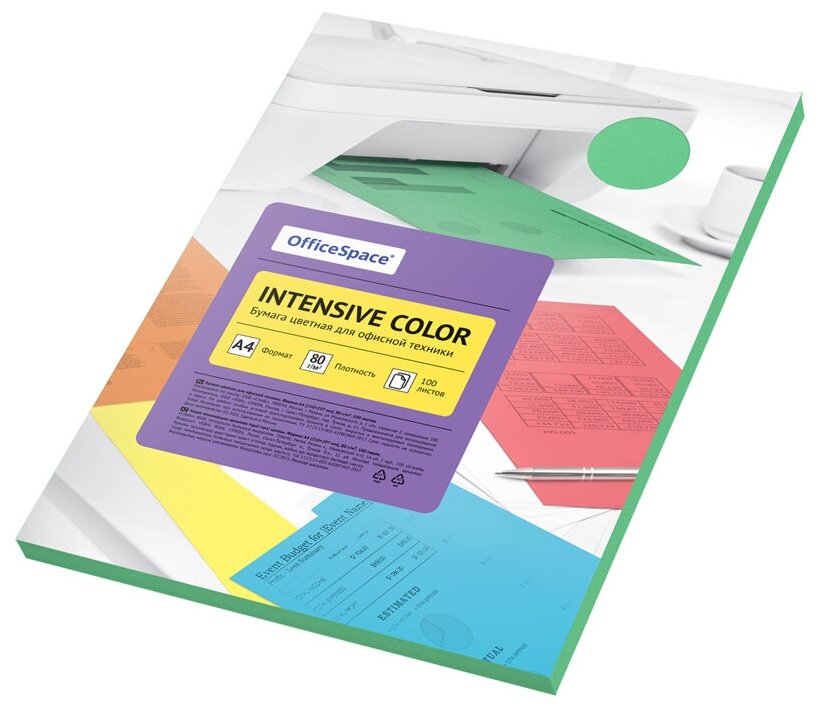 Бумага цветная А4 OfficeSpace Intensive Color интенсив зеленая 80 г/кв. м 100 листов (IC_38228) 20 уп.