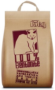 Наполнитель 100% Bentonite для кошек, комкующийся, 15 кг