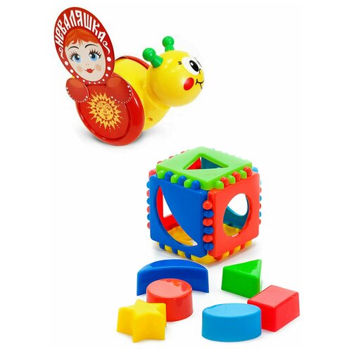 Развивающие игрушки для малышей Каталка-неваляшка Улитка № 1 + Игрушка сортер Кубик логический малый, биплант