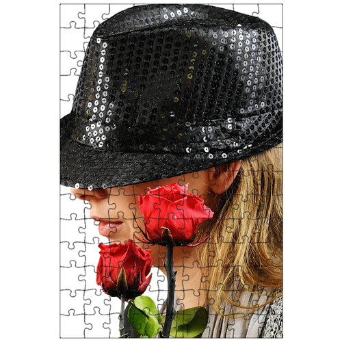 фото Магнитный пазл 27x18см."женщина, шапка, розы" на холодильник lotsprints