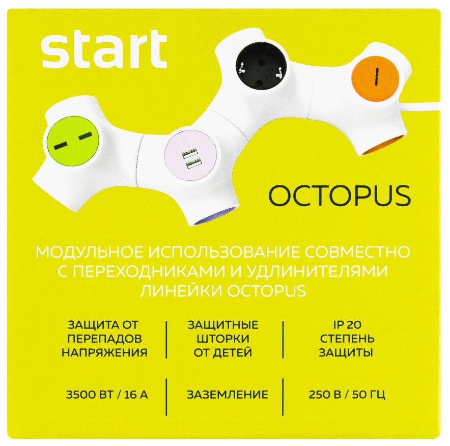 переходник сетевой СТАРТ Octopus 16А 3500Вт 2 розетки белый зеленый - фото №11