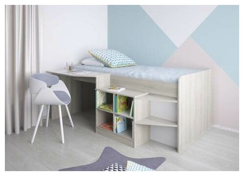 Кровать-чердак детская Polini kids Simple со столом и полками 4000 , вяз, белый