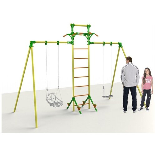 Каркас для парных качелей с лестницей c турниками Leco-IT Outdoor, желто-зеленый