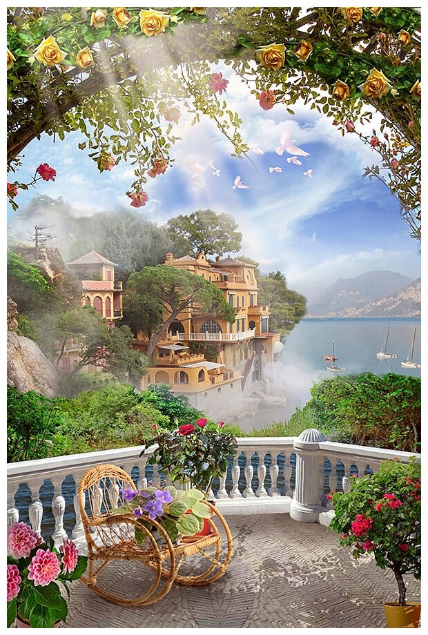 Фотообои Уютная стена "Балкон украшенный аркой с розами" 180х270 см Виниловые Бесшовные (единым полотном)