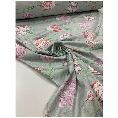 Твил набивной бутоны лавандовых тюльпанов на резеде ш. 220 см. 40505-1