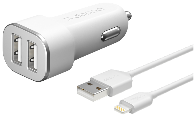 АЗУ Deppa 2.4A 2USB + кабель USB - Lightning 1.2м MFI (11291) White