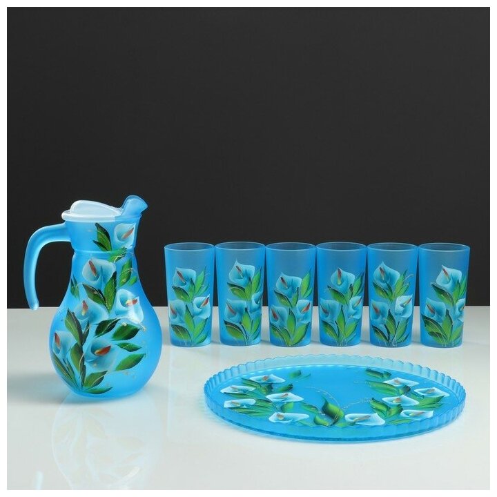 Набор для сока с подносом "Каллы" художественная роспись, 6 стаканов 1250/200 мл, синий
