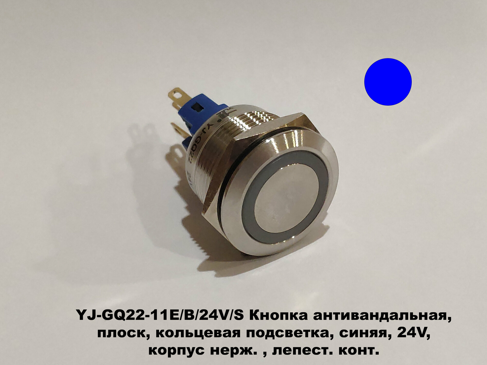 YJ-GQ22-11E/B/24V/S Кнопка антивандальная , плоская, кольцевая подсветка, синяя , 24V, нерж. лепест. конт. - фотография № 1