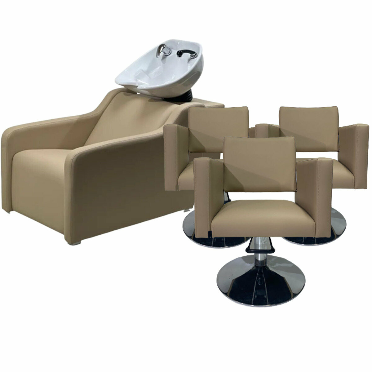 Парикмахерский комплект "Groan", Бежевый, 3 кресла гидравлика диск, 1 мойка глубокая белая раковина