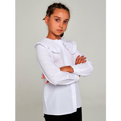 Школьная блуза IRINA EGOROVA, полуприлегающий силуэт, на пуговицах, длинный рукав, однотонная, размер 152, белый