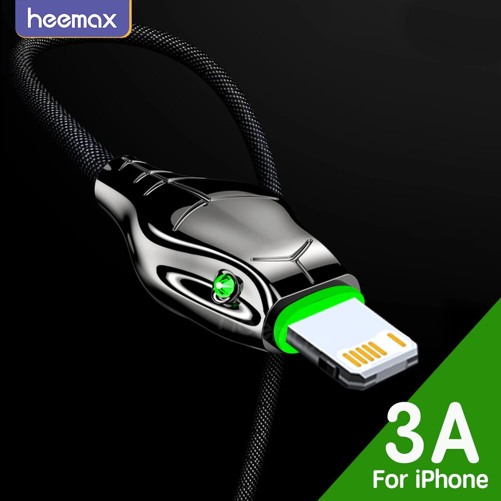фото Кабель зарядный HEEMAX USB - Lightning, 3 A, 1 метр, индикатор, быстрая зарядка для Iphone 11, 12, 13, 14, 6, 6s, 7, 8, iPad, AirPods, (Черная Мамба)