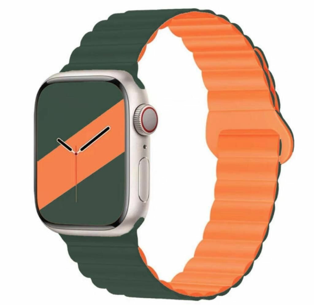 Ремешок силиконовый магнитный с петлей для Apple Watch 42/44/45/49 (зеленый/оранжевый)